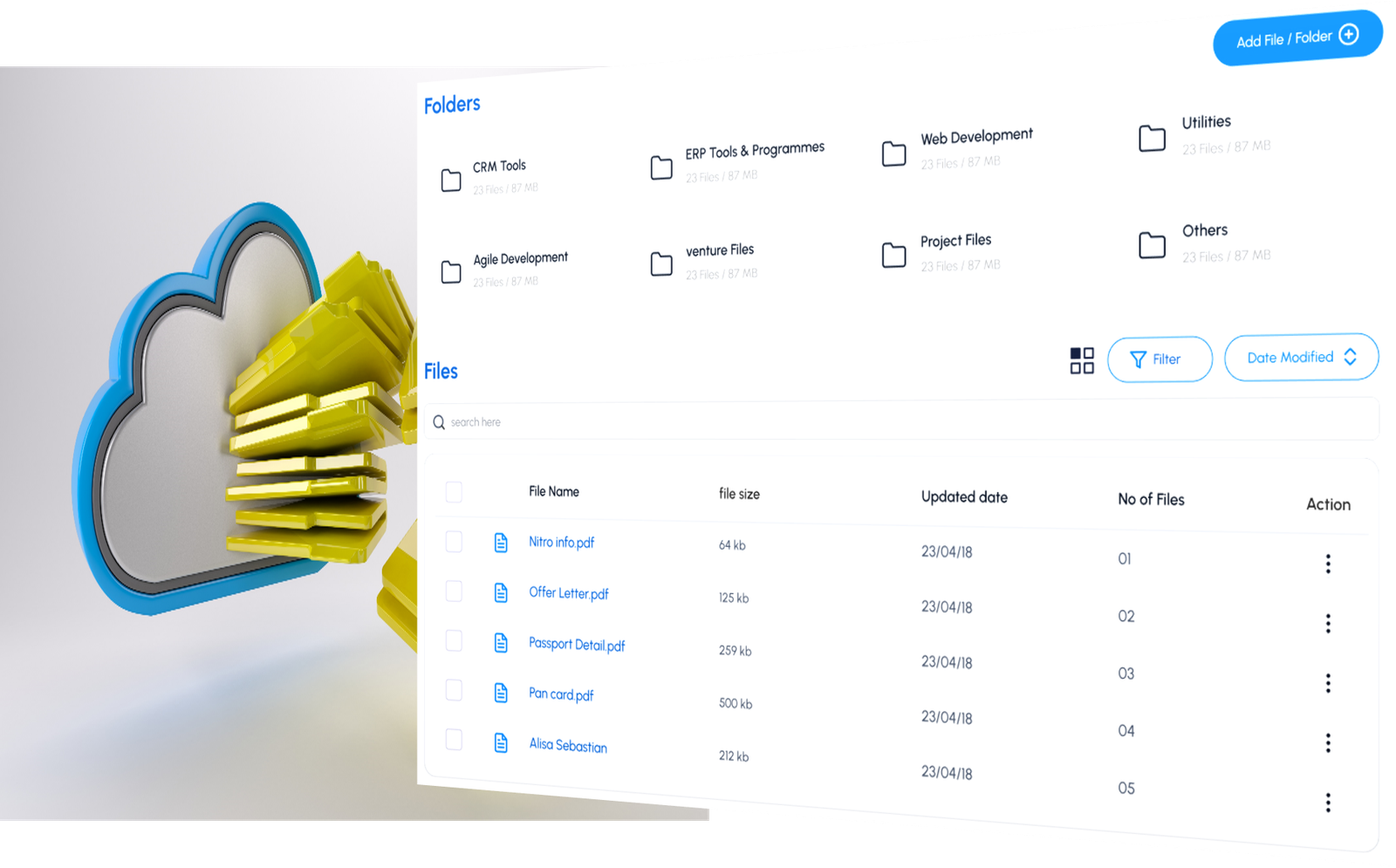 DocVenture eVault interface showing folders and access-controlled document storage